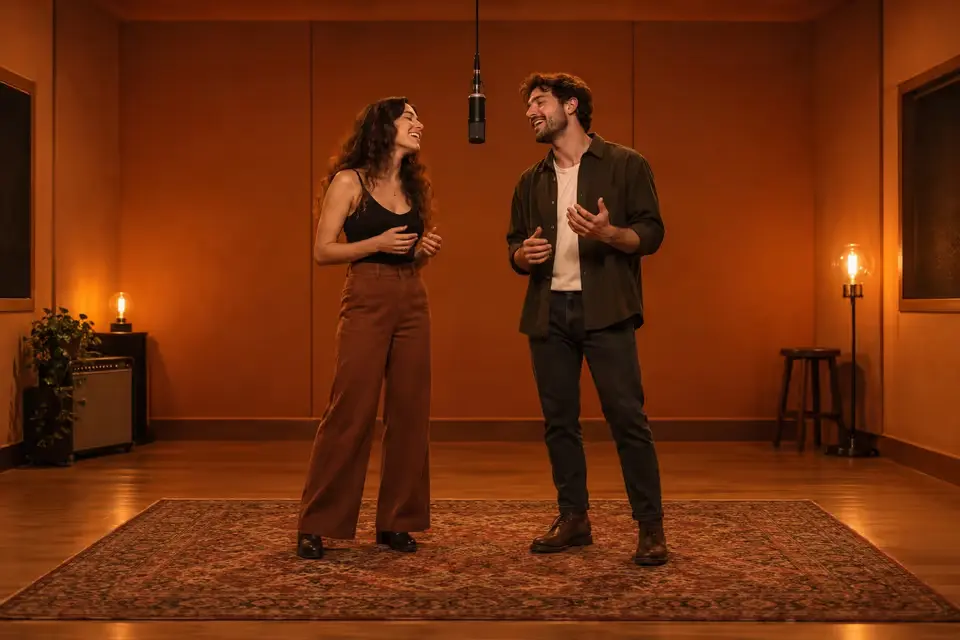 Two friends generated as a Hotel Lobby AI duet video from photos